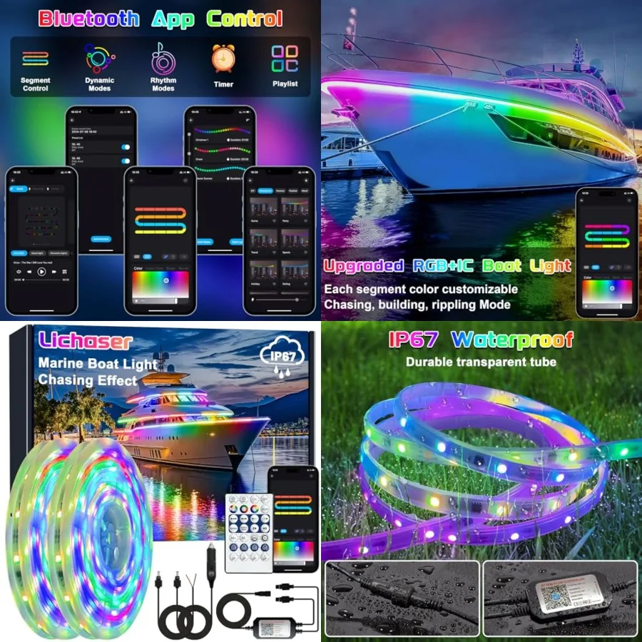 Boat LED Strip Light RGB+IC, Marine LED Light Strip for Pontoon with Remote, Segment App Control Boat Light Waterproof 12V, Coo