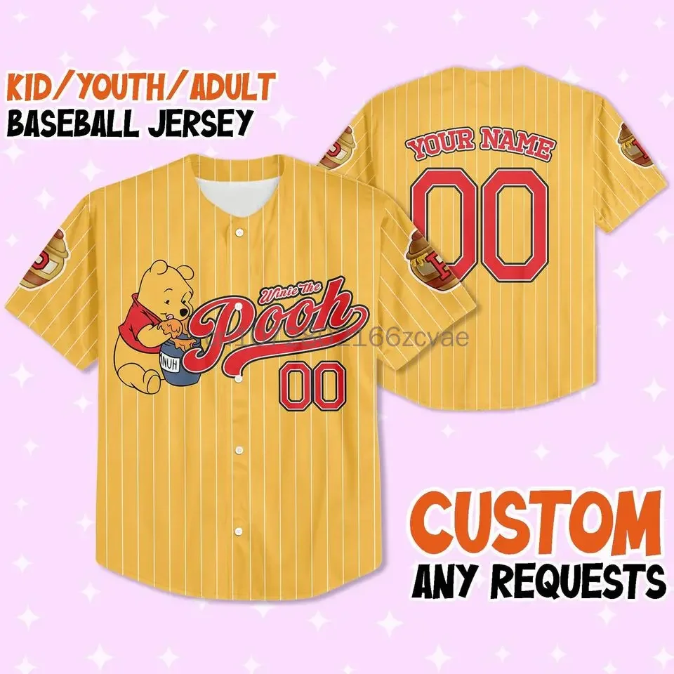 2024 New Summer Vintage Buttons Winnie Pooh Baseball Jersey Cartoon Oversized Training Uniform Adult/kid Baseball Jersey Shirt