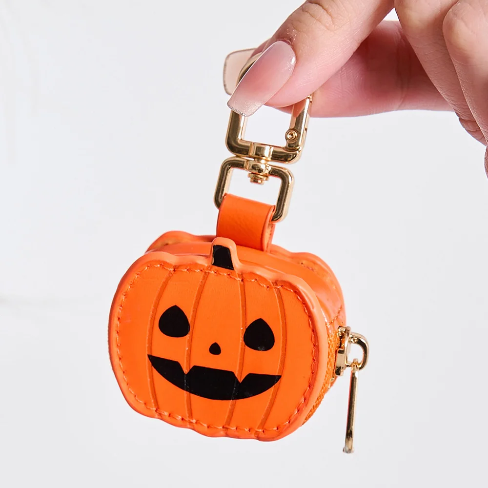 

Halloween Gifts Pumpkin Spider Web Keychains PU Leather Zipper Bags Coin Purse Keychains Mini Wallets and Headphone Organizers