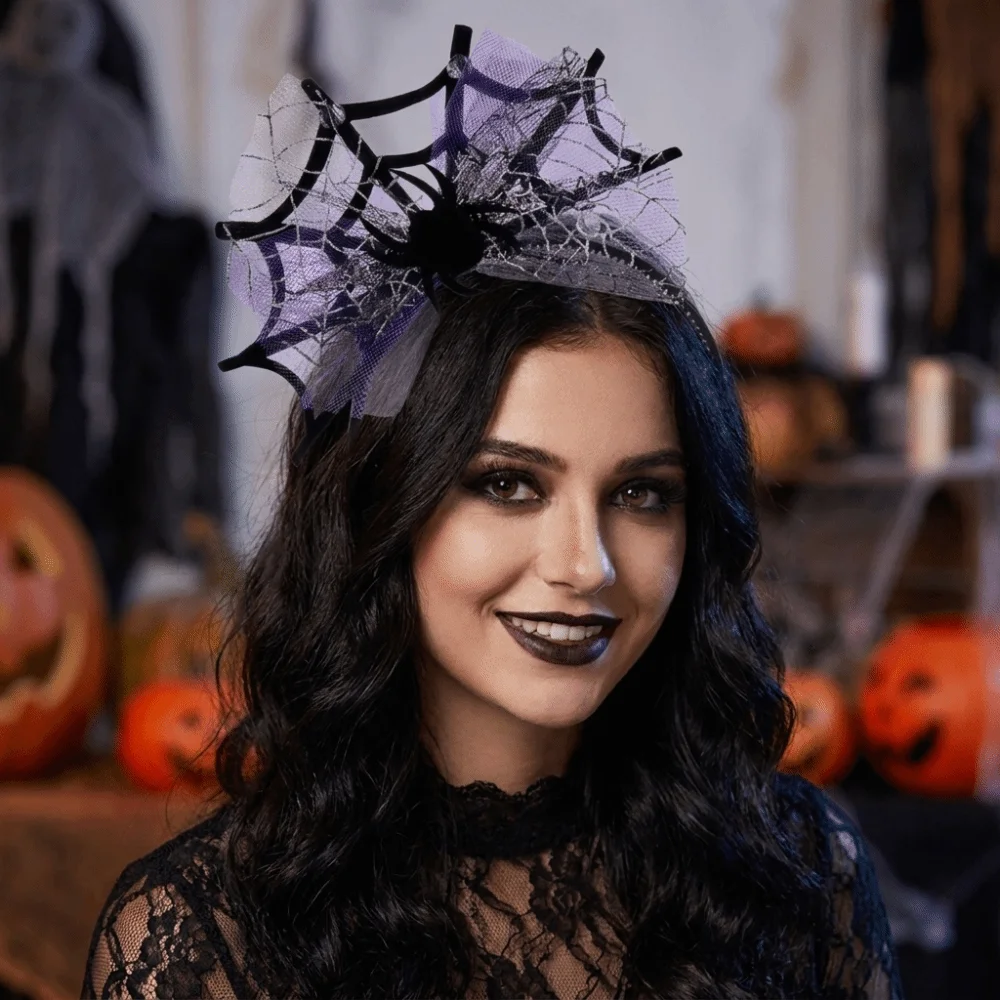 Black Artificial Flowers Halloween Headband Lace Design Spider Web Witch Hairband Rose Flower Bat Party Role-playing Accessory
