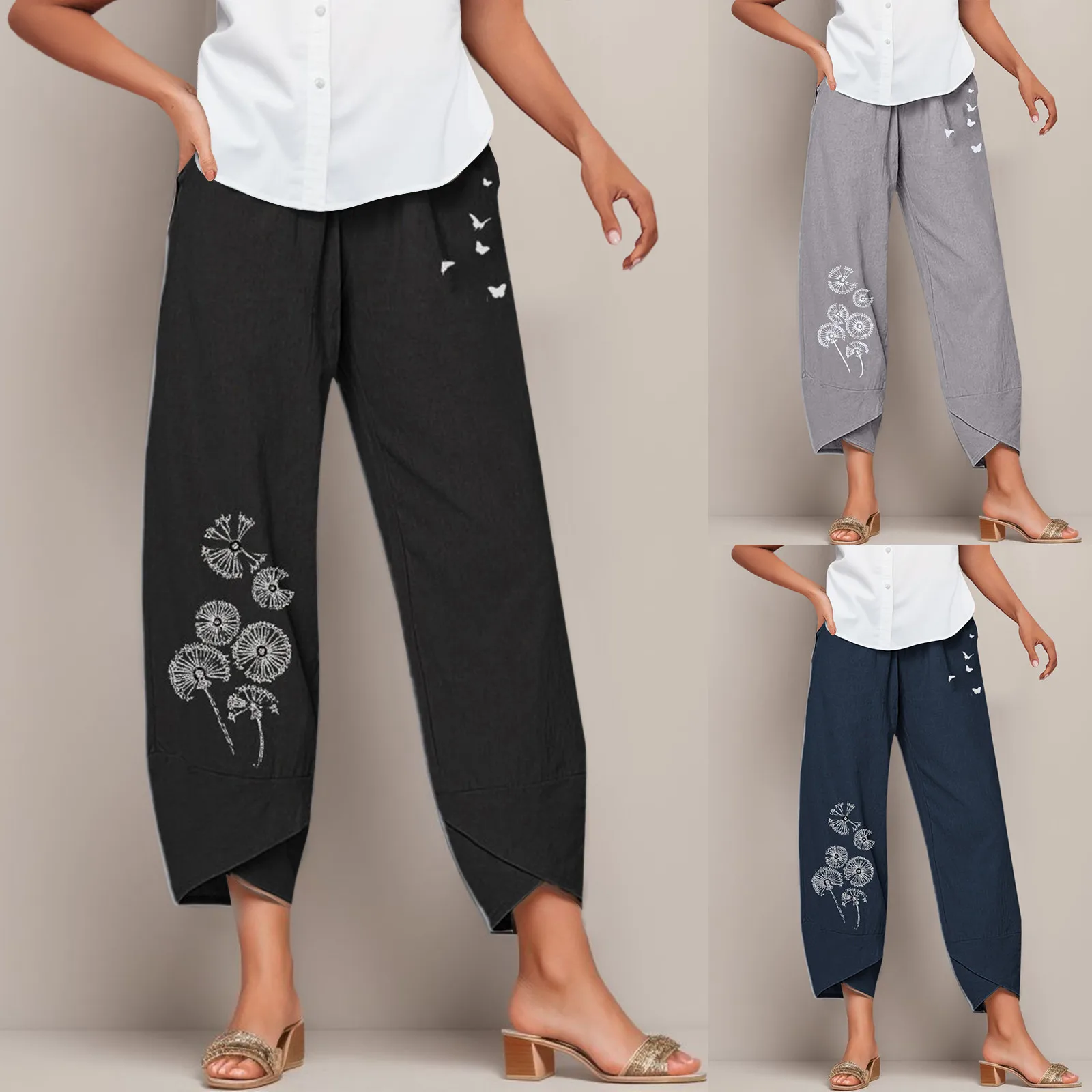 

Women Summer Trousers Vintage Linen Pants Japanese Casual Elastic Waist Female Cropped Pants Asymmetrical Pantalon Oversized