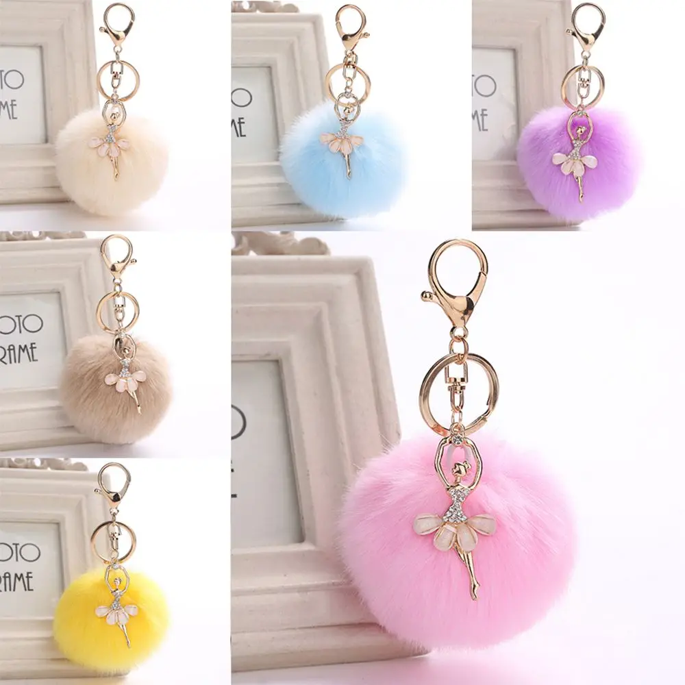 Women Fluffy Jewelry Faux Rabbit Fur Angel Keychain Car Pendant Ballet Dancing Girl Keyring Key Buckle