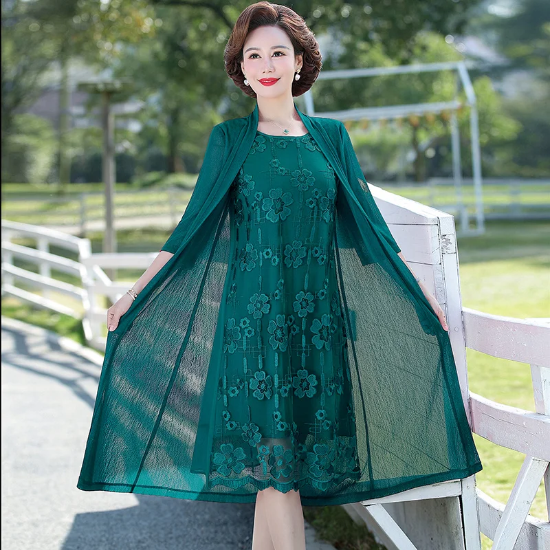 Mom's Mid Length Fake Two-Piece Dress With 3/4 Sleeves For Middle-Aged And Elderly Women Summer Hollowed Out Embroidered Dresses