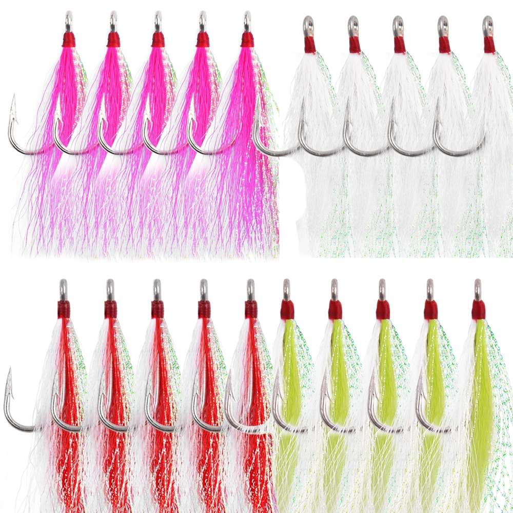 20Pcs Bucktail Teaser Fishing Hooks Feather Fishing Jig Hooks Tied Crystal Flash line for Striper Bass Cod Flounder Hi/Lo Rig