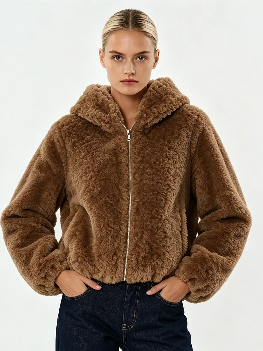 Women Faux Teddy Fur Jacket 2026, Big Collar Zip Up Loose Fit Fluffy Warm Winter Short Coat Outerwear