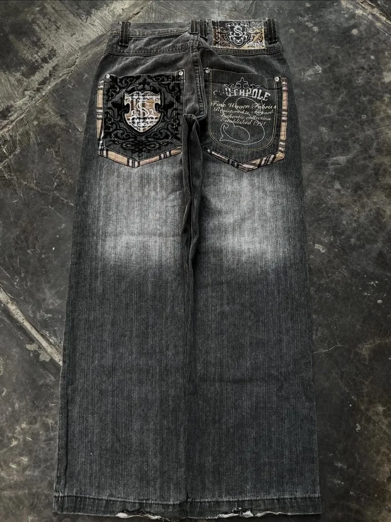 

Y2K American New Fashion Black Pocket Letter Embroidery Printing Black Washed Jeans Women Gothic Hip Hop Joker Wide-leg Trousers