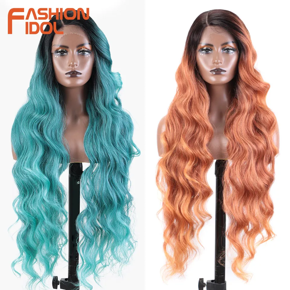 FASHION IDOL 36 Inch Deep Wave Cosplay Wigs Synthetic Lace Front Wigs For Women Orange Super Long Wavy Fiber Side Part Lace Wigs