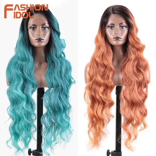 Imagen 1 del producto FASHION IDOL-pelucas frontales de encaje ondulado súper largo para mujer, pelucas sintéticas de Cosplay para mujer, pelucas de encaje con parte lateral de fibra ondulada naranja, 36 pulgadas