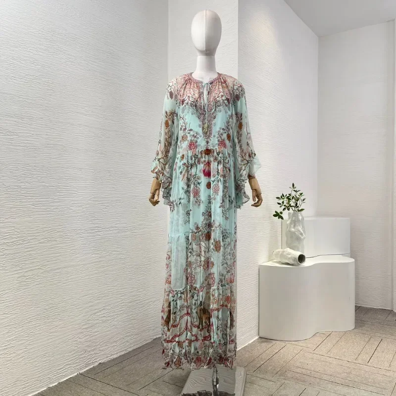 High Quality 2024 New Ladies' Blue Green Floral Animal Print Elegant Long Sleeve Diamonds Midi Dresses for Holiday Party