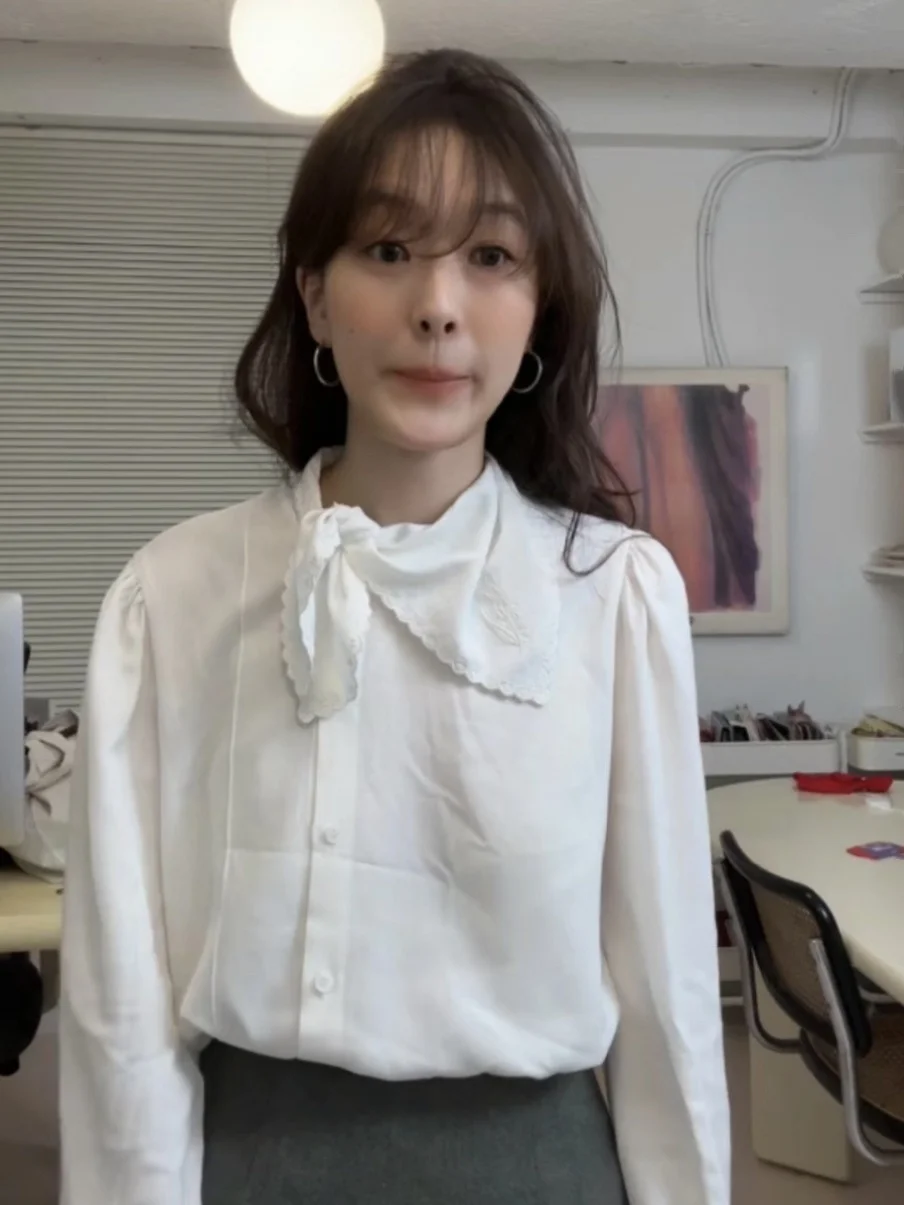 

Новинка: Женская блузка с длинным рукавом и поясом из шелкового шарфа, в корейском стиле, для повседневной носки, ретро, осень-зима