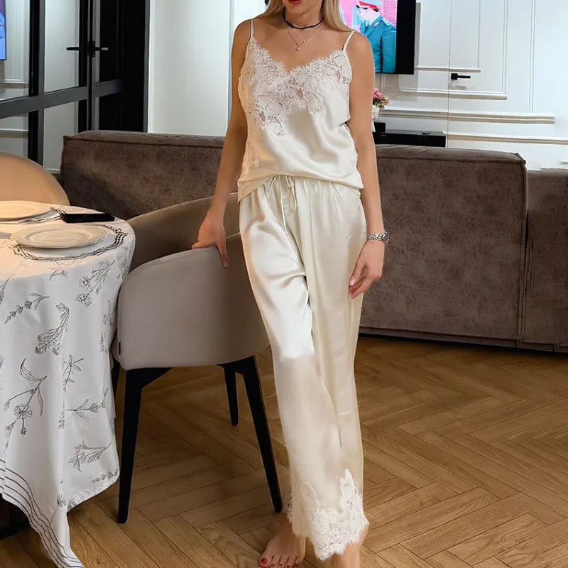 2026 New V Neck Satin Lace Splicing Pajama Set Women Casual Loungewear Stylish Suspender Long Trousers L Size Leisure Casual