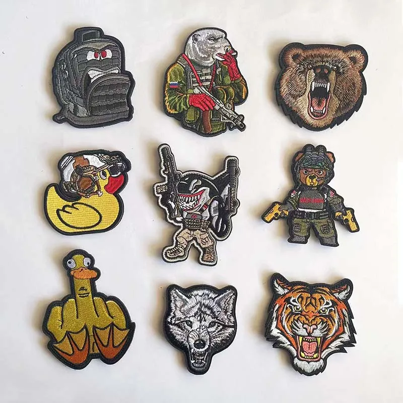 Bear,Shark,Tiger,Wolf,Duck Fabric Badges Embroidered Applique Hook and Loop Patches,Funny Military Stickers Tactical Emblemen