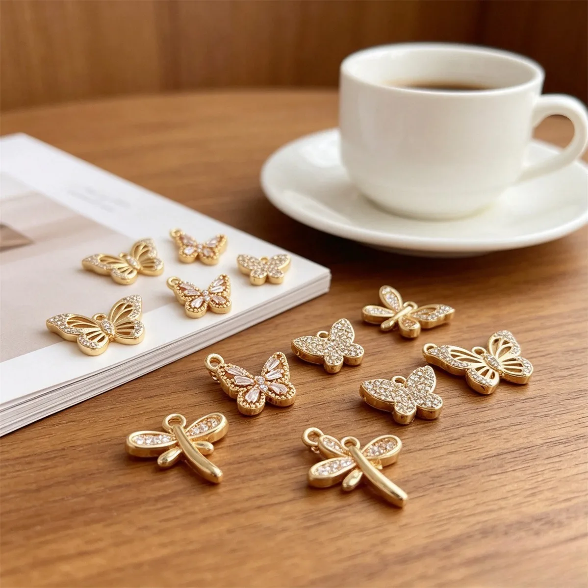 Brass 14K Gold Plated Micro Pave CZ Zircon Mini Butterfly Dragonfly Charms Pendant for Handmade DIY Bracelet Necklace Findings