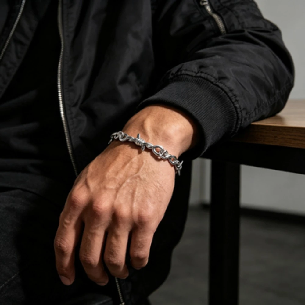 Gothic Barbed Wire Chain Bracelet Adjustable Cuban Link Bracelets for Men Women Punk Emo Style Fashion Jewelry
