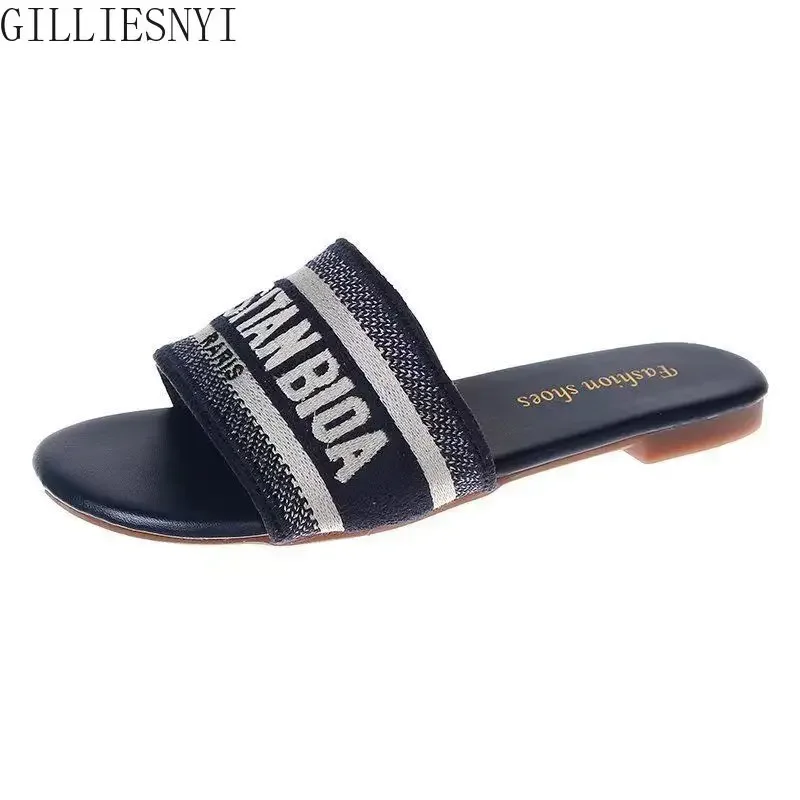 2024 Letter Slippers Fashion Flat Woman Single Shoes Casual Shoes Female Outer Wear Letter Sandals Women\'s Shoes Flat