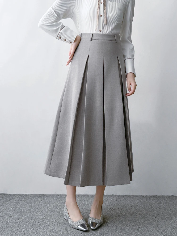 High Waist A-Line Pleated Skirt Grey Woolen Material Interview Commute Professional Women's Fashion Spring Autumn Skirt