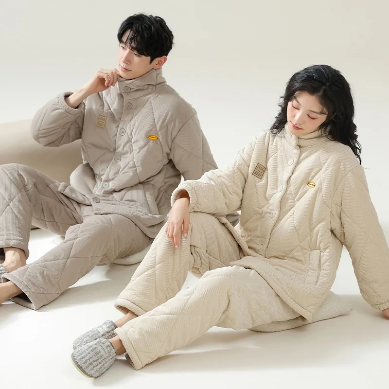 2024 Winter New Thickened Velvet Warm Three-layer Couple Sleepwear Women and Men Flannel Pajamas Set Cardigan Loungewear Hombre