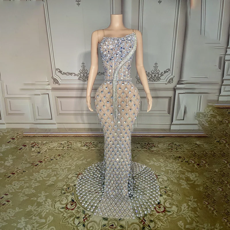 

Customize Sexy Sparkling Diamond Sling Backless Long Party Evening Dress Shinny Rhinestone High Neck Crystal Mermaid Mesh Dress