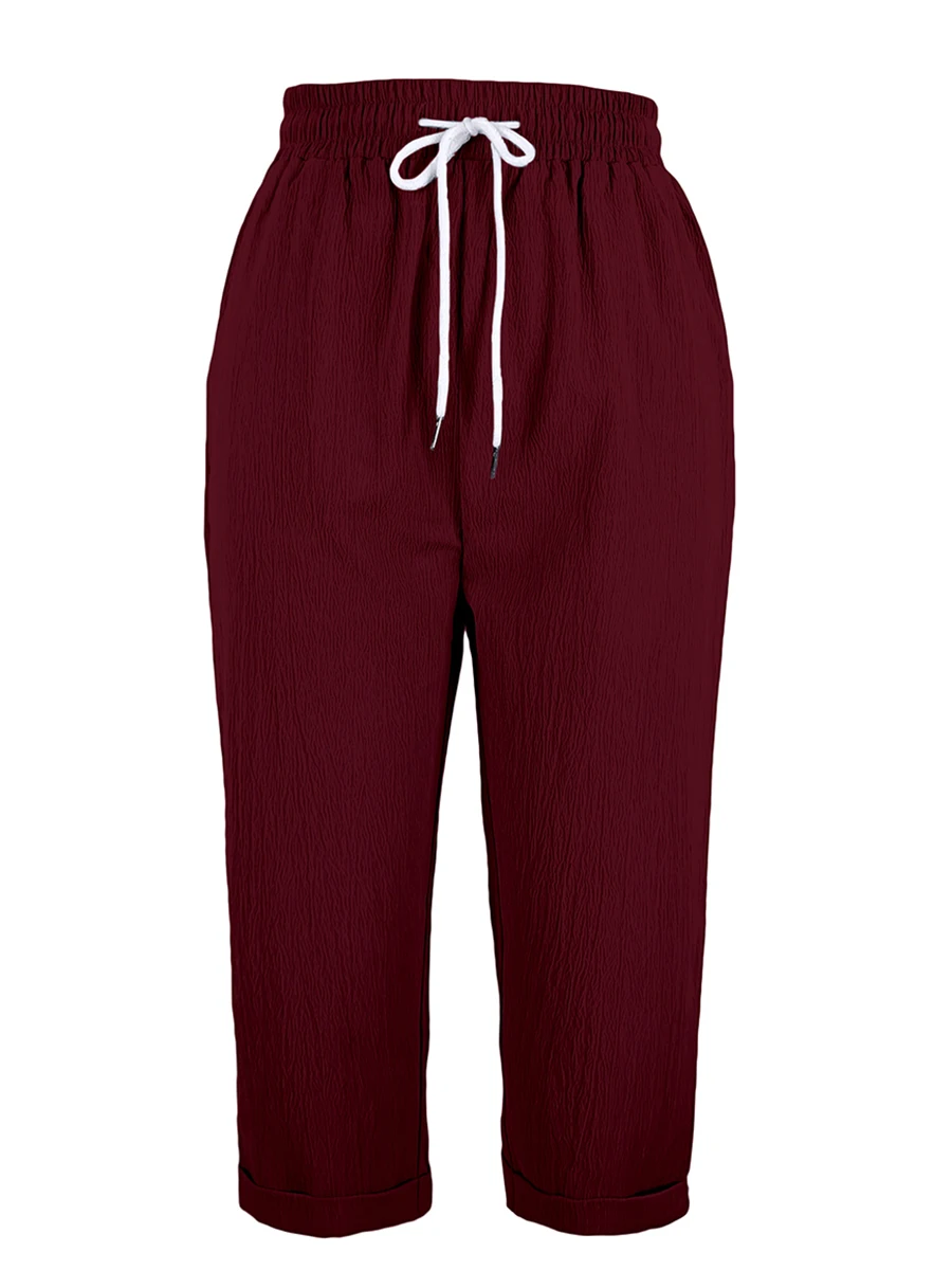 Womens Casual Capri Pants Summer Loose Drawstring Elastic Waist Cropped Trousers With Pockets Solid Color Fashion Wide Legs