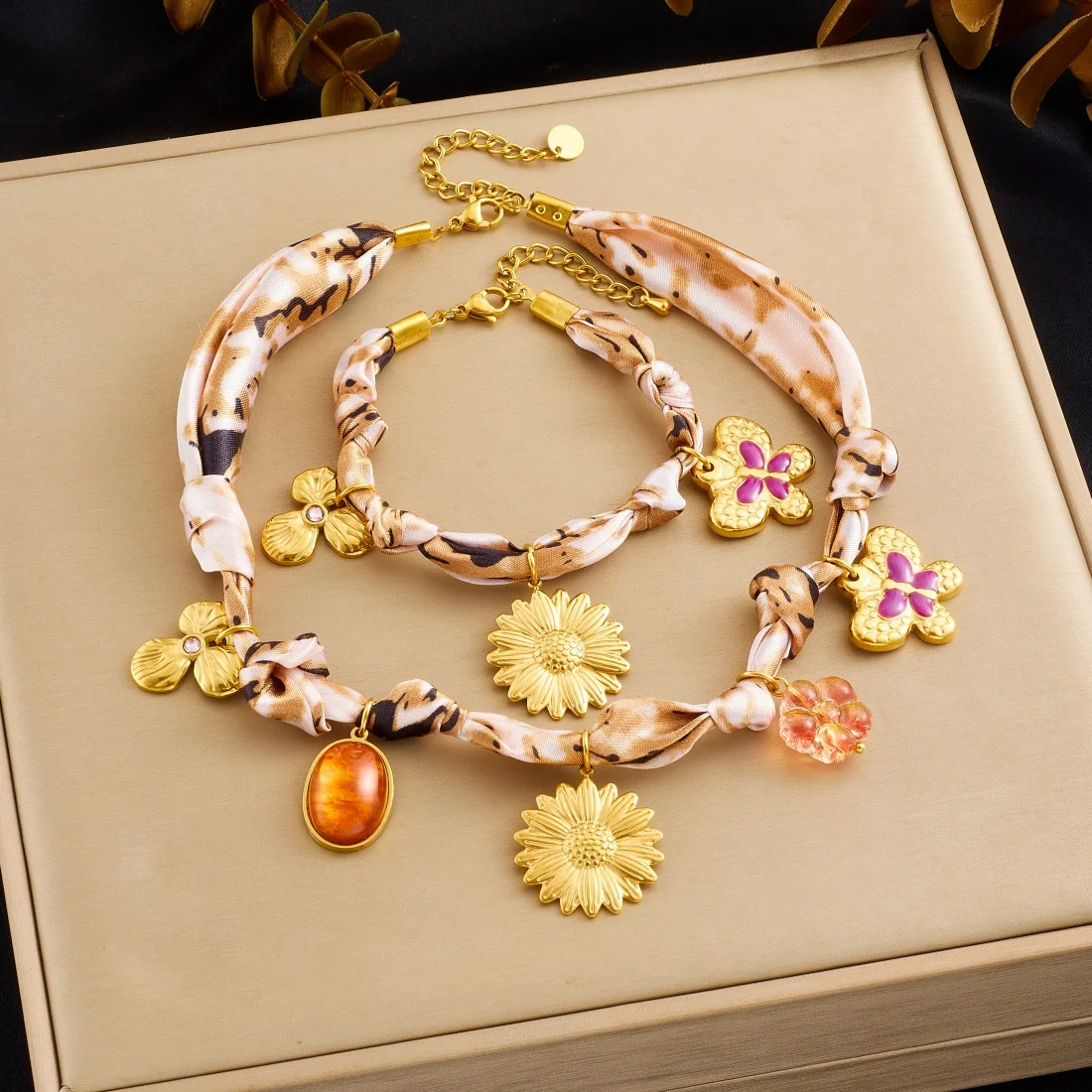 DIEYURO 316L الفولاذ المقاوم للصدأ عباد الشمس فراشة البني البيضاوي كريستال قلادة سوار سيدة الشمبانيا الشريط مجموعة مجوهرات فاخرة