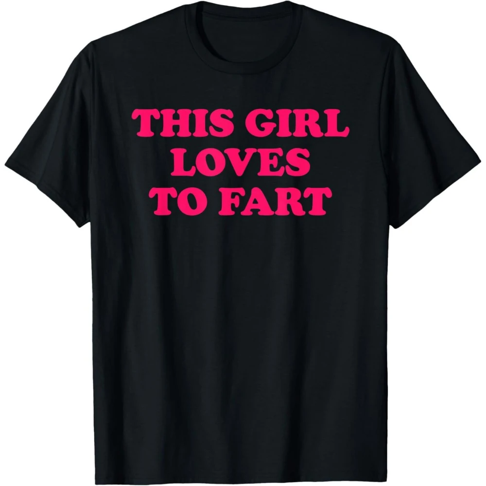 Funny This Girl Likes To Fart Pattern T-Shirt Black with Bold Pink Lettering Soft Crew Neck Short-sleeve T-shirt Unisex