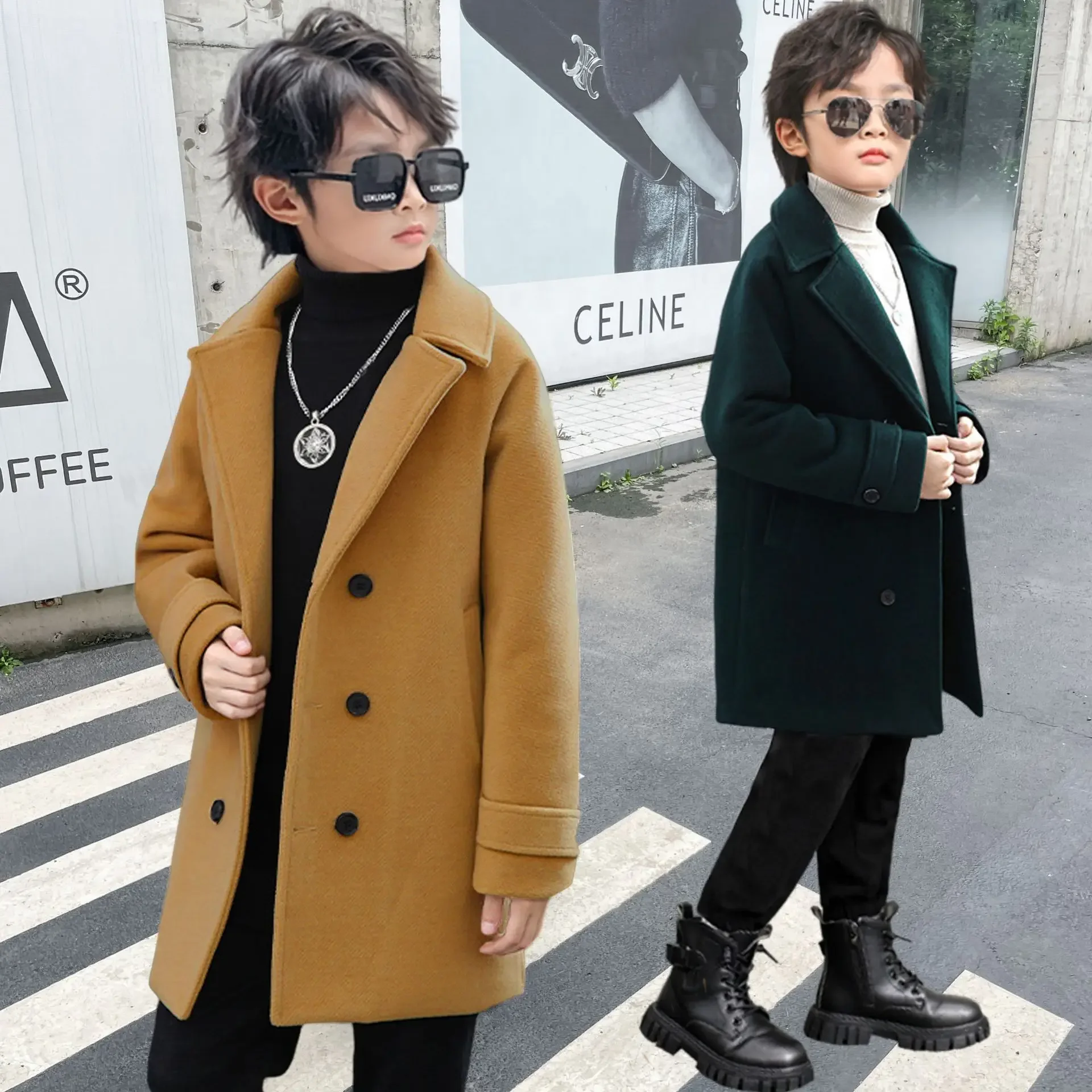 Boys Winter & Fall Chesterfield Single Breasted Warm Coat Kids Solid Velvet Thick Woolen Jacket Child Outerwear Toddler Overcoat