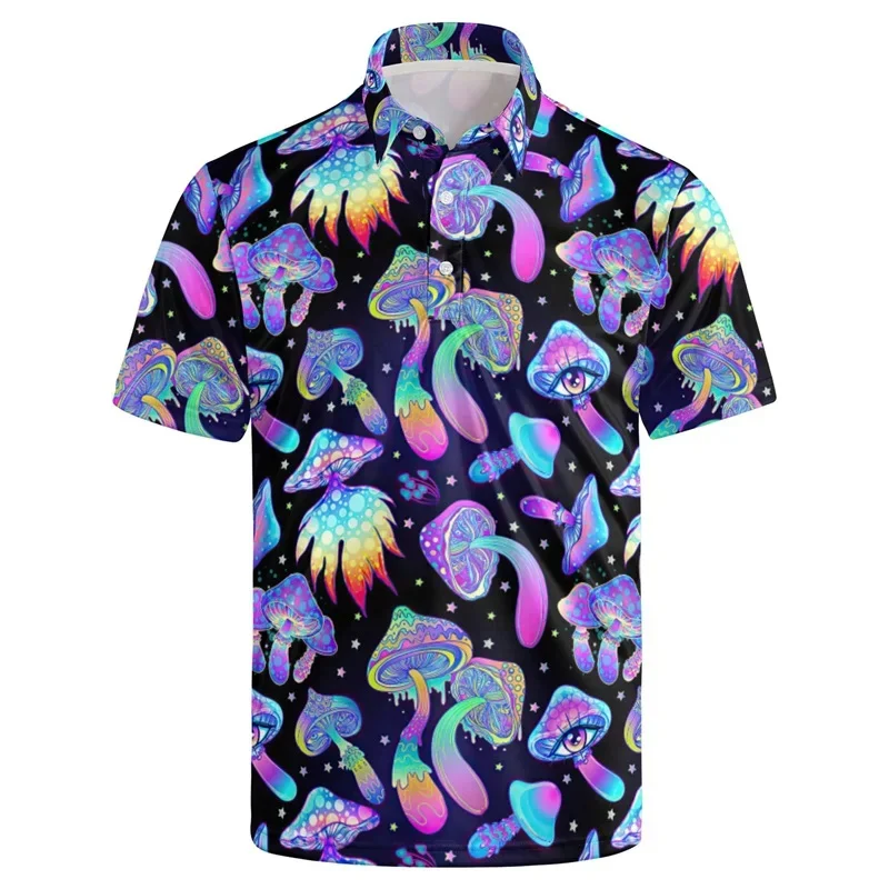 3D Printed Retro Polo Shirt For Men Flower Mushroom Pattern Short Sleeve Outdoor Summer Lapel Tops T-Shirt Button Oversized Tees