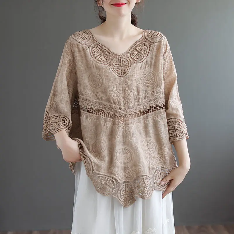 Mori Girl Style Stylish V-Neck T-shirt Summer 3/4 Sleeve Loose Casual Solid Color Hollow Out Korean Embroidery Spliced Pullovers