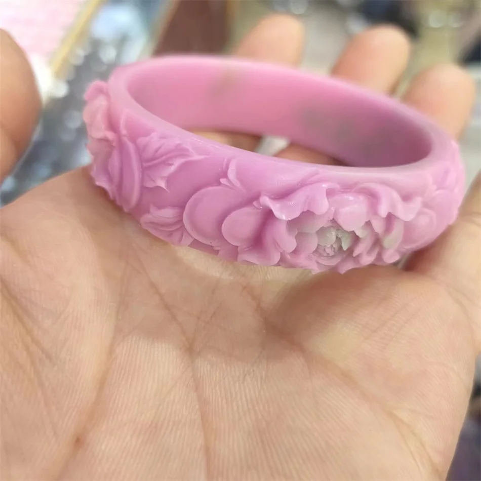 

Natural Gemstone Pink Jade Bangle Women Fine Jewelry Genuine Myanmar Jadeite Carved Flower Bangles Burma Jades Stone Bracelets