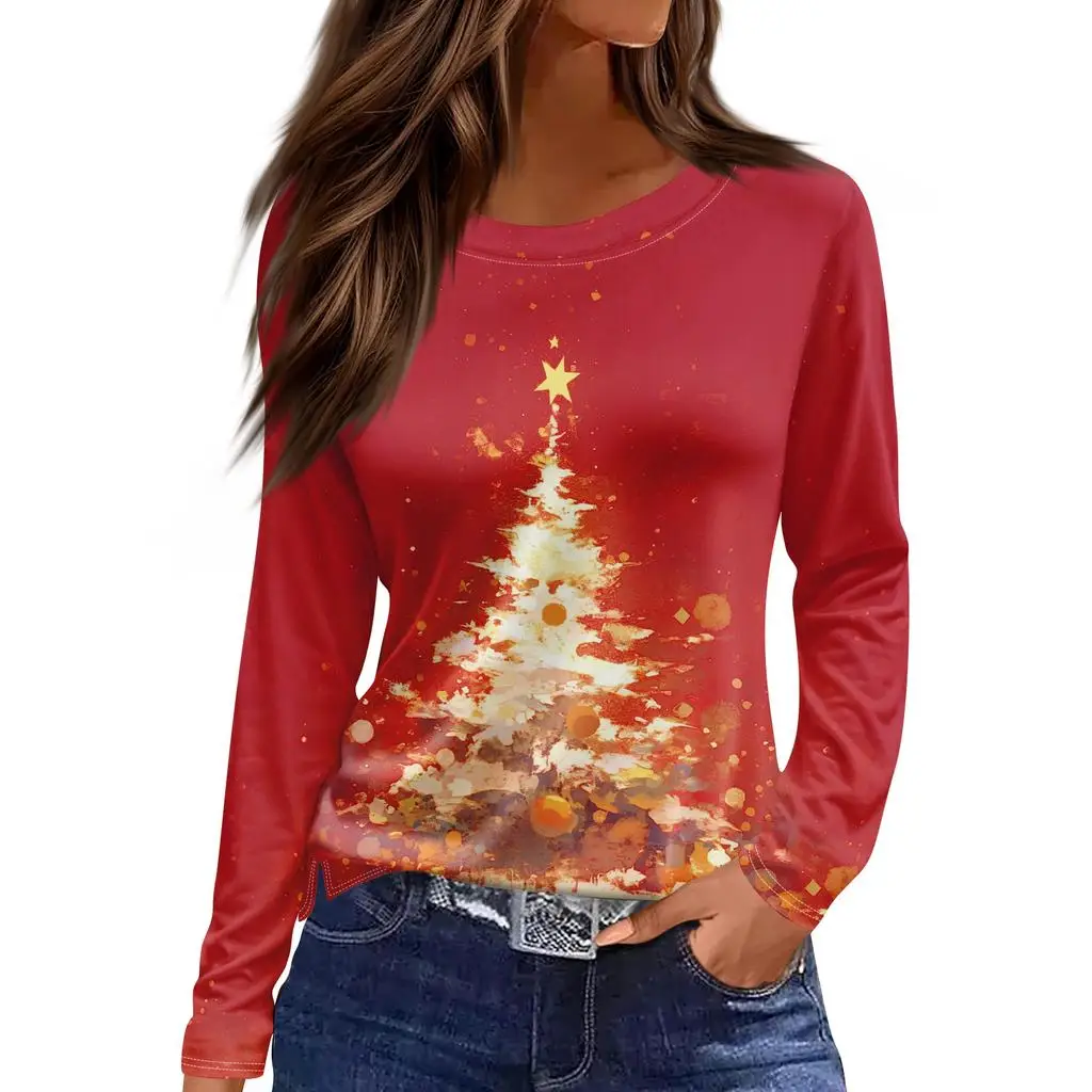 عيد الميلاد طبعة محدودة المرأة ثلاثية الأبعاد عيد الميلاد الكلاسيكية اللون طباعة الجولة الرقبة بأكمام طويلة تي شيرت عادية بأكمام طويلة