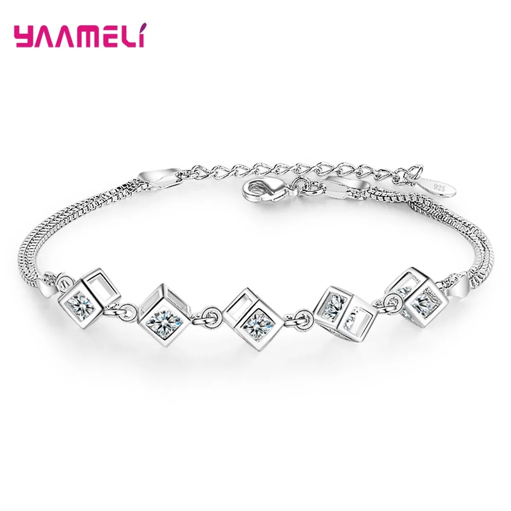 Classic 925 Sterling Silver Bracelets Jewelry White Cubic Zircon Cube with Extender Chain for Women Girls Birthday Gift