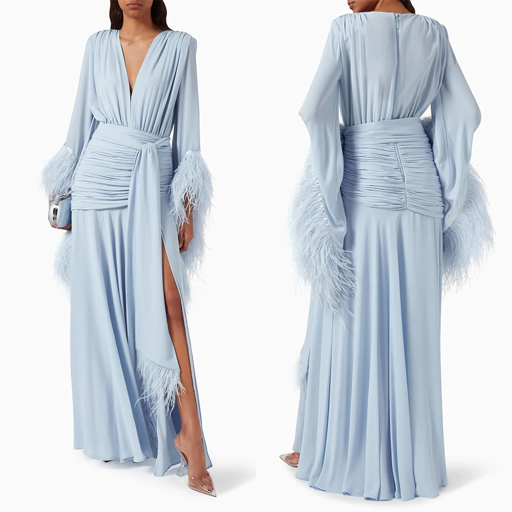 High Quality Customized V-neck Feather Floor Length Full Sleeves Vestidos Elegantes Para Mujer Para Una Boda فساتين السهرة Abiti