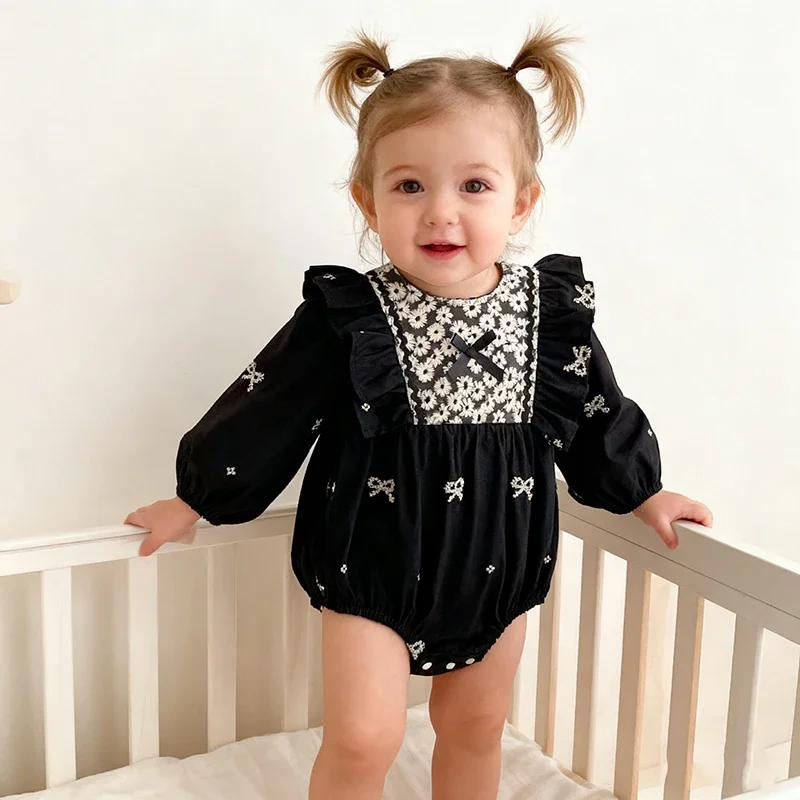 جديد ملابس الطفل القطنية الطفل المطرزة القوس رومبير الخريف الوليد الفتيات رومبير ملابس الطفل طويلة الأكمام بذلة تسلق الملابس