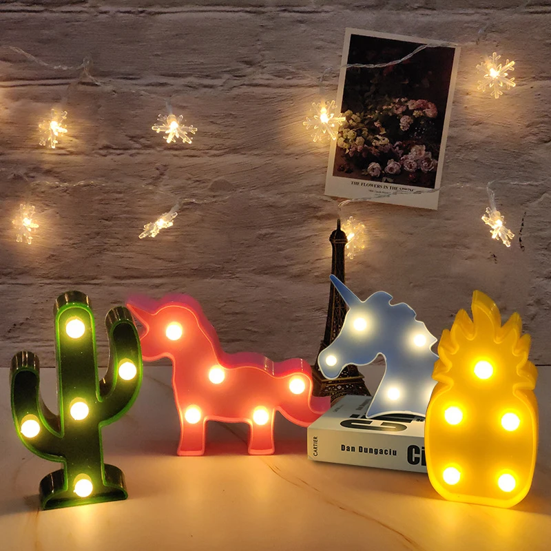 Lampu malam kartun Unicorn, Flamingo/kaktus/nanas/Cloud/Bintang/cangkang lampu meja LED untuk dekorasi pesta kamar tidur anak-anak