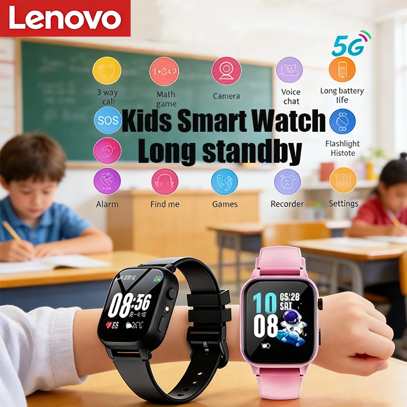 

Новые детские умные часы Lenovo с 5G, GPS-трекером, видеозвонками, поддержкой SIM-карты, SOS, камерой, водонепроницаемостью, улучшенная версия для мальчиков и девочек, с наушниками в комплекте