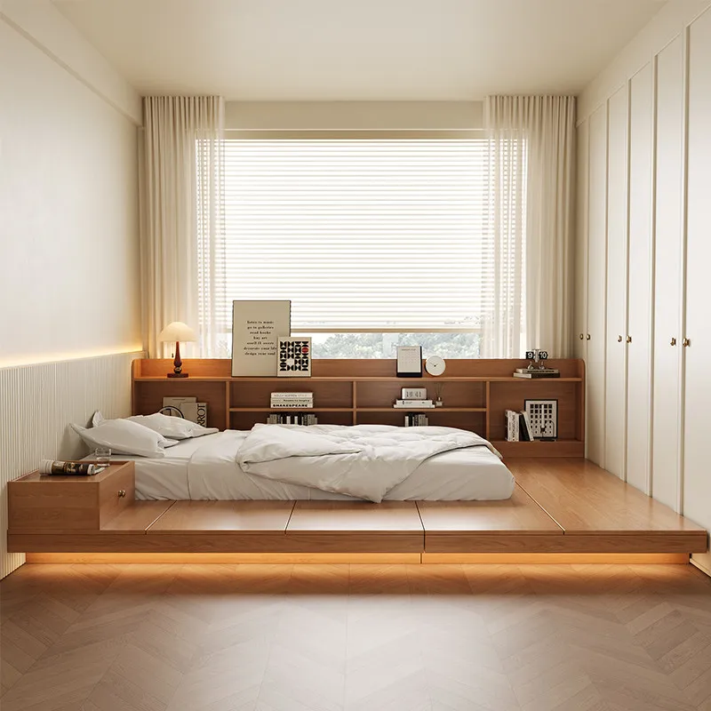 Solid wood small apartment Japanese-style bookshelf, modern simplicity, board bed, spliced floor bed
