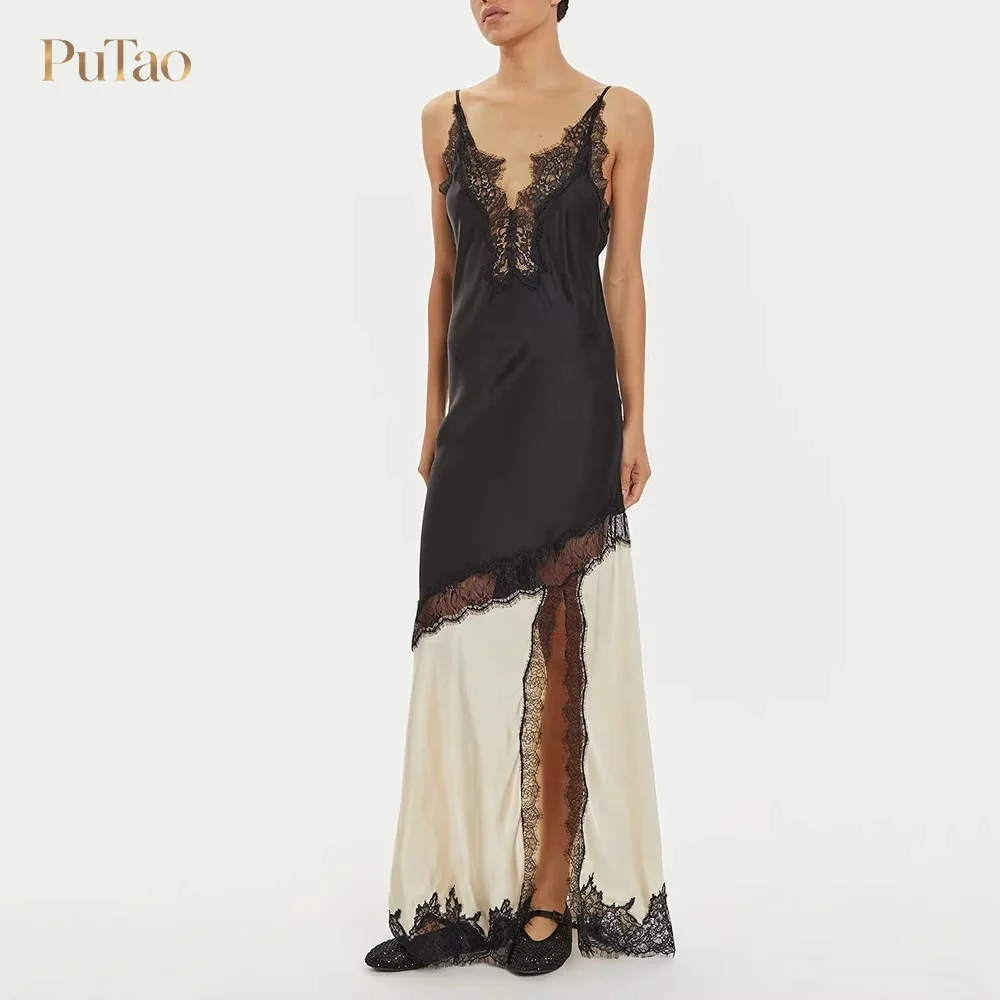Putao Satin Lace Maxi Dress Spaghetti Strap Deep V Neck Color Block Asymmetric Hem High Slit Formal Wedding Guest Evening Party