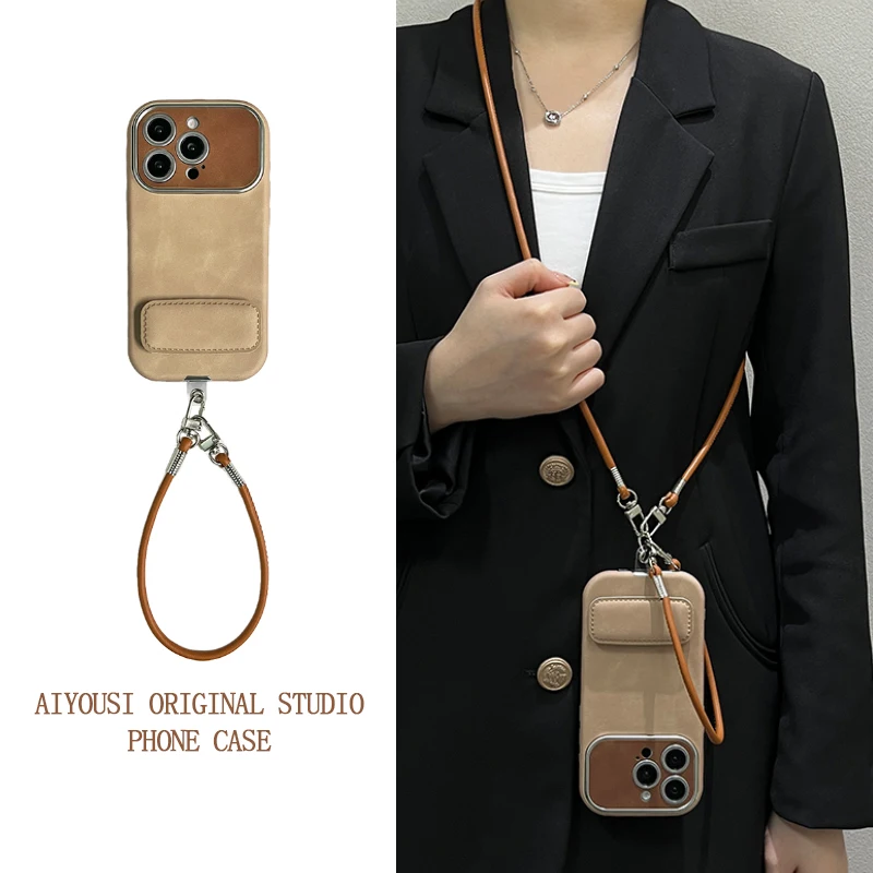 

Кожаная складная подставка глубокого цвета хаки для Apple 16pro, чехол для телефона iphone 15promax, ретро 14pro, простая устойчивая к сколам веревка через плечо 13pro