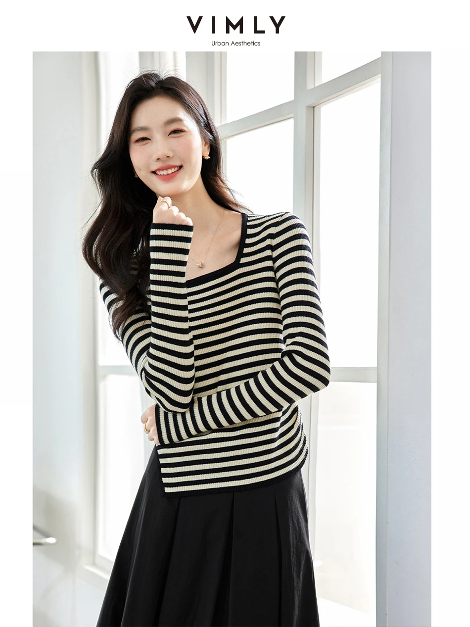 VIMLY Women's Vintage Elegant Contrasting Stripes Irregular Slim Waisted Slim Casual Simple Square Neck Knitwear Bottom Top