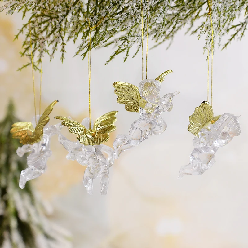 4pcs Christmas Angel Ornaments Crystal Clear Angel with Wings New Year's Holiday Party Decoration Mini Angel Pendant Kids Gift