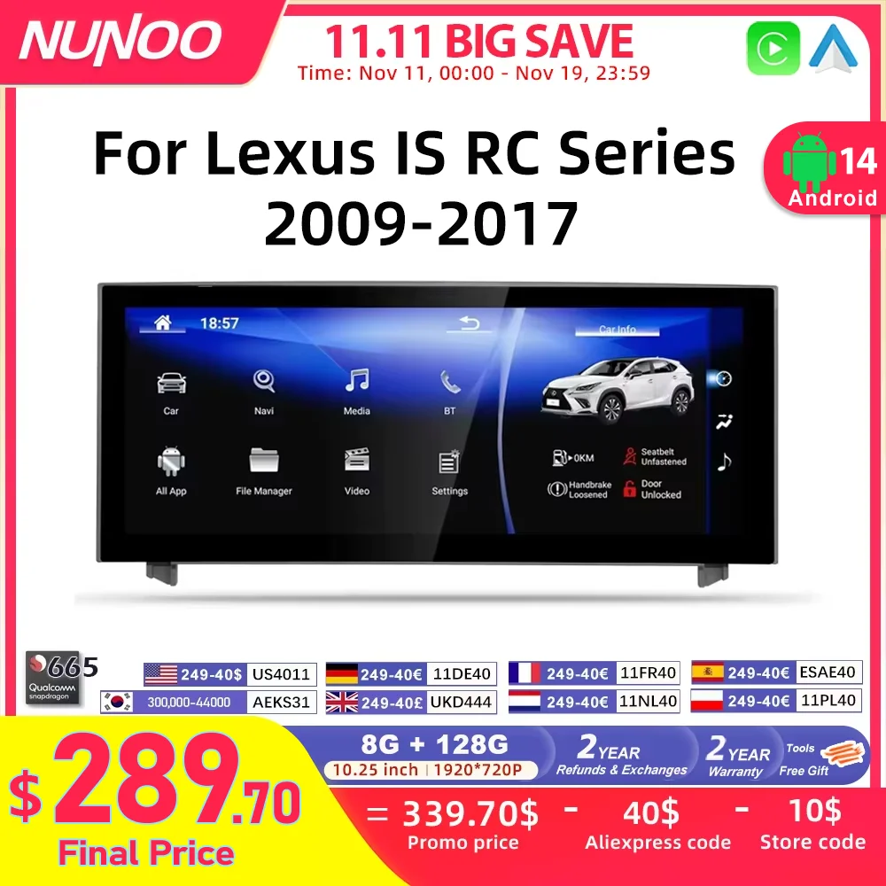 

Nunoo Android 14 Wireless Carplay Auto Radio For Lexus IS RC 200 250 300 350 200t 300h Multimedia Player Navigation GPS DSP
