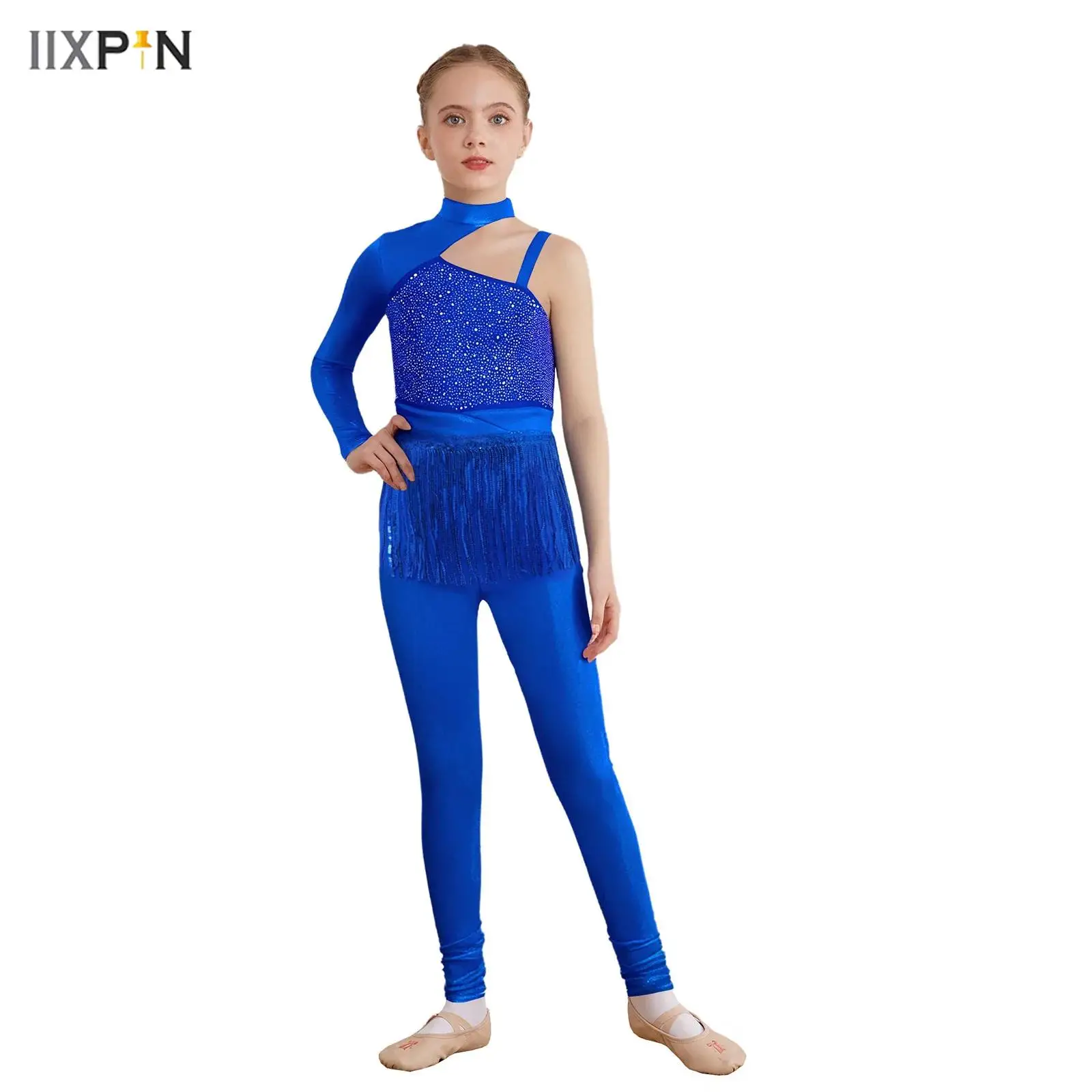 

Kids Girls Jazz Dance Jumpsuit Gymnastics Figure Skating Rompers Metallic Shiny Rhinestones Sequins Fringe Asymmetrical Bodysuit