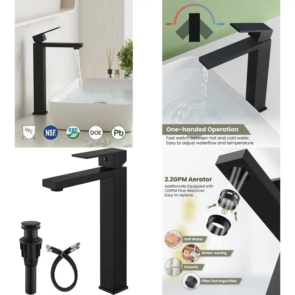 

Матовый черный высокий смеситель для ванной с одной ручкой, в комплекте со шлангом и сливным клапаном, без перелива