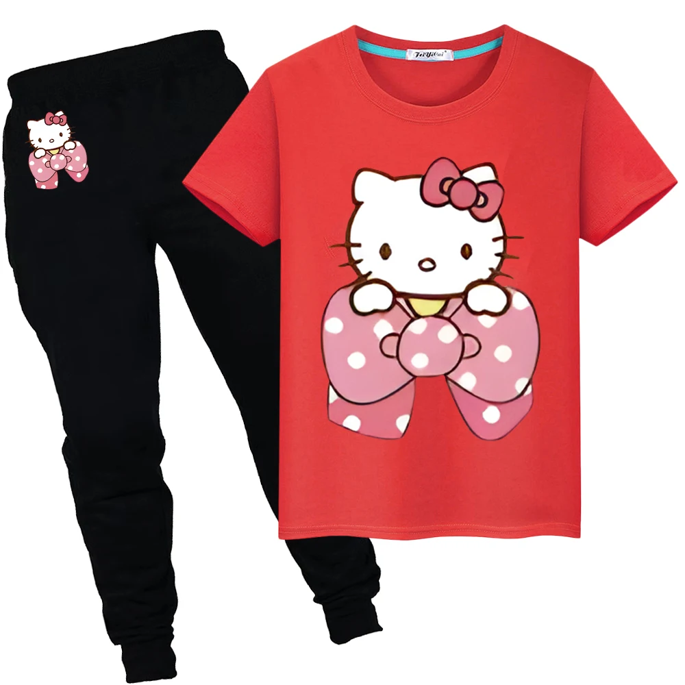 

hello kitty Print 100%Cotton Cute T-shirt Summer Sports Sets Kawaii anime Tshirts Short+pant boys girls clothes kid holiday gift