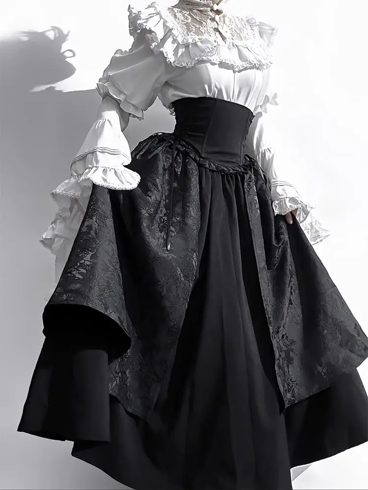

COALFELL Halloween Costume Dark Gothic Lolita White Sleeveless Shirt Gorgeous Elegant Half Skirt Long Skirt Set