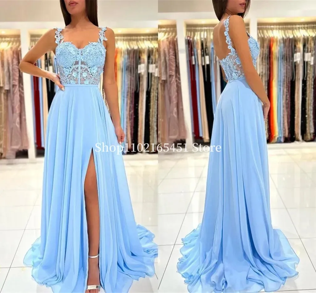 

2024 Blue Prom Dresses Illusion Top Lace Applique Spaghetti Straps Side Slit Chiffon Ruffles Formal Evening Gowns Custom Made