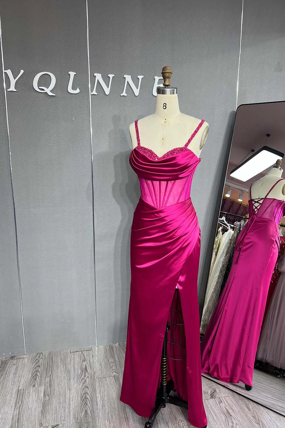 YQLNNE 2023 Lilac Crystals Beaded Long Prom Dresses Straps Silk Satin Lace-up Formal Women Party Gown Vestidos In Stock