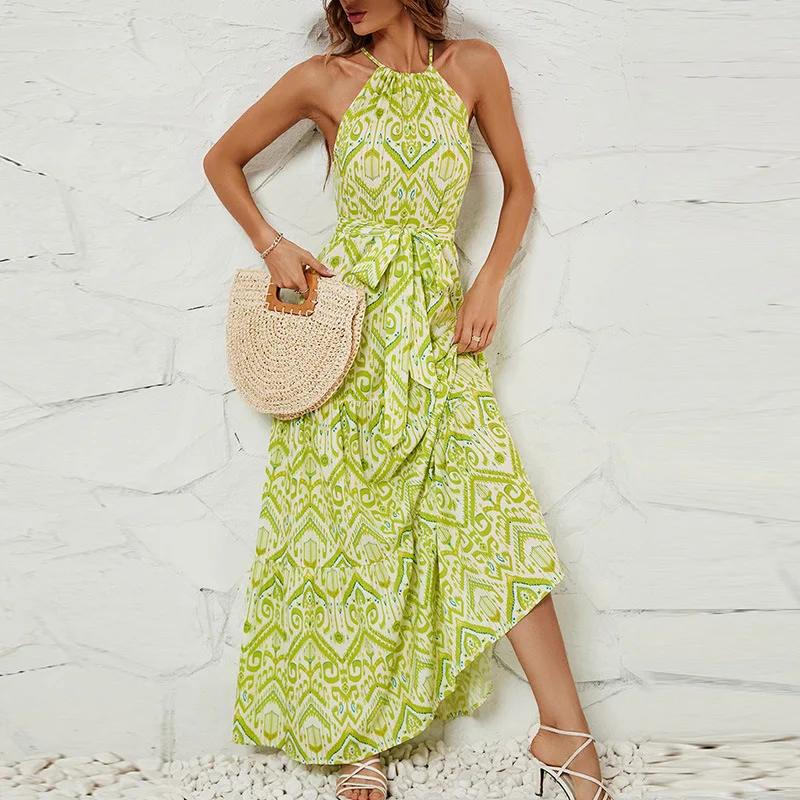 HMR-Women's Summer New Sexy round Neck Tied Printing Maxi Dress Women