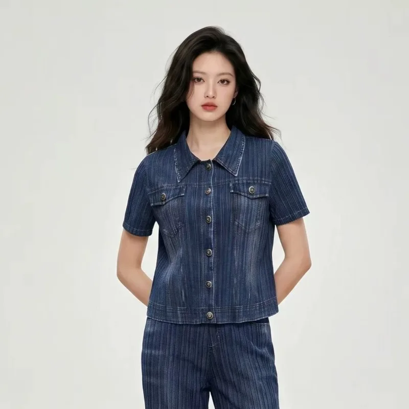 

Miyake Pleated Denim Print Jacket Plisse 2026 Summer New High-end Retro Denim Color Pleats High-end Elegant Lapel Top for Women