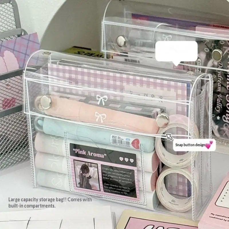PVC Transparent Button Pencil Case Large Capacity Vertical Simple Ins Style Student Desktop Finishing Niche Stationery Storage
